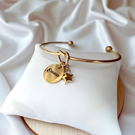 Bracelet Jonc Personnalisé avec Médaille Gravée et Étoile - Nemeti Bijoux