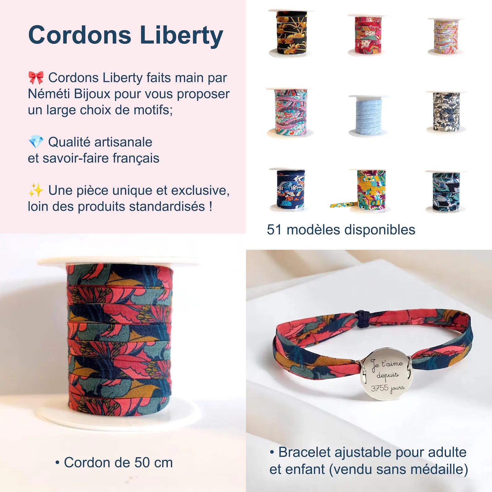 Cordon ou bracelet de rechange Liberty of London spaghetti coton 50 cm - Nemeti Bijoux