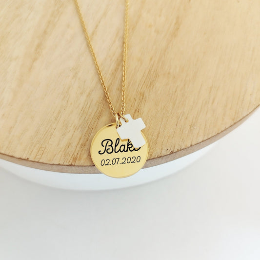 Collier personnalisé avec médaille gravée 20mm et croix en nacre - Nemeti Bijoux