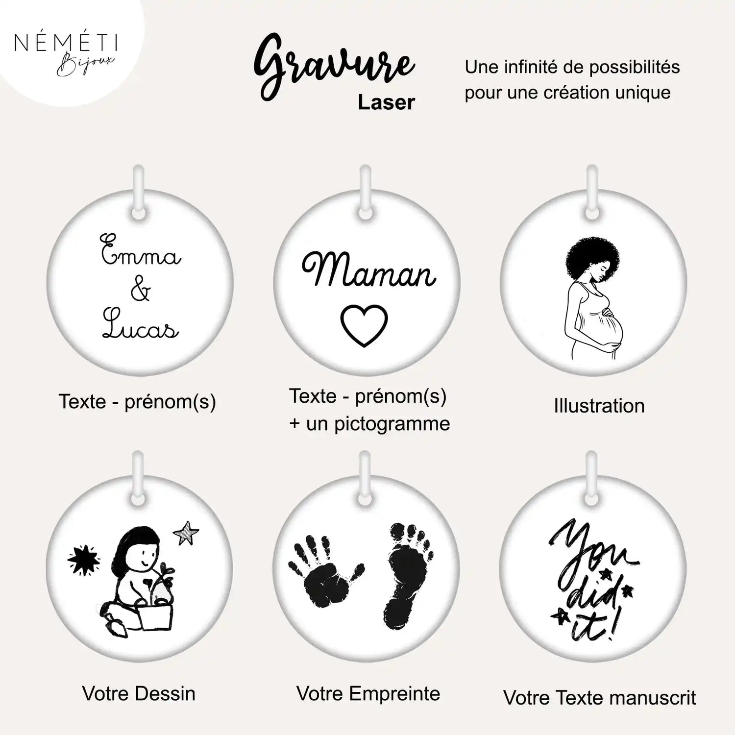 Une sélection de charms ou pendentifs circulaires gravés au laser personnalisés.