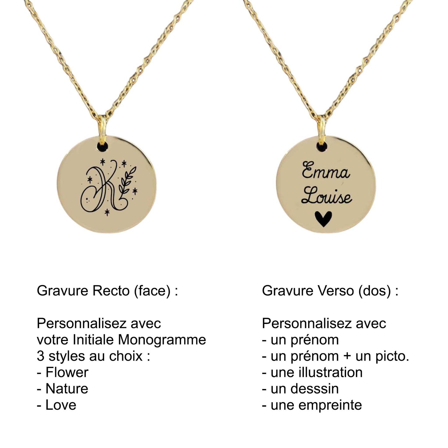 Collier initiale en acier inoxydable monogramme personnalisé gravure laser - Nemeti Bijoux