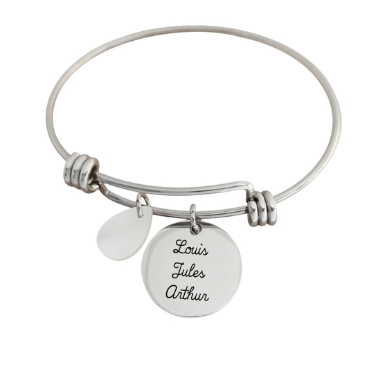 Bracelet Jonc Argent Personnalisé avec Médaille Gravée et Goutte Nacrée - Nemeti Bijoux