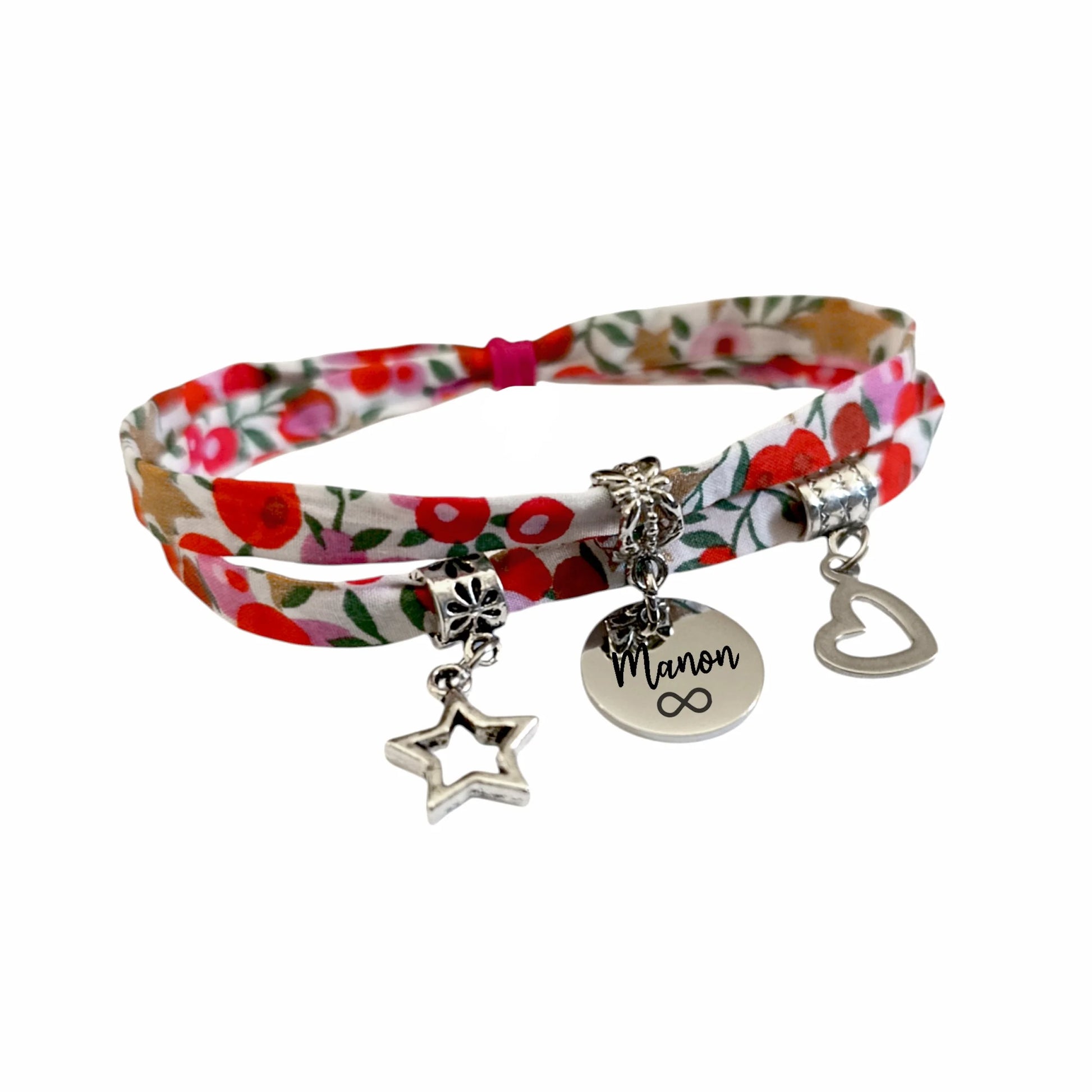 Bracelet Liberty Personnalisé avec 1 à 4 Médailles gravées + 2 Breloques - Tissu wiltshire rouge stars - Nemeti Bijoux
