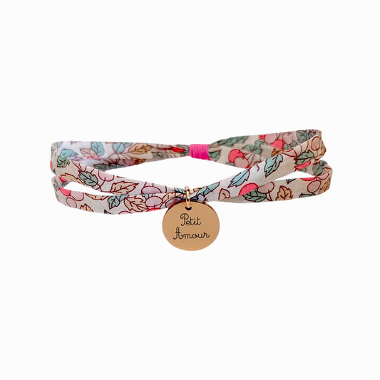 Bracelet liberty personnalisé cordon Colleen's Orchard Sorbet et Rose Fluo avec médaille personnalisée