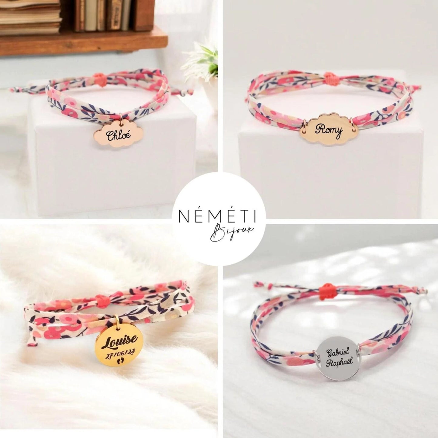 Bracelet liberty personnalisé cordon wiltshire corail saumon pois de senteur - Nemeti Bijoux