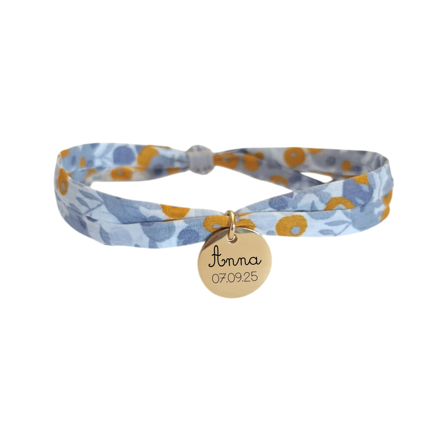 Bracelet liberty personnalisé cordon Wiltshire gris jaune moutarde avec médaille personnalisée - Nemeti Bijoux