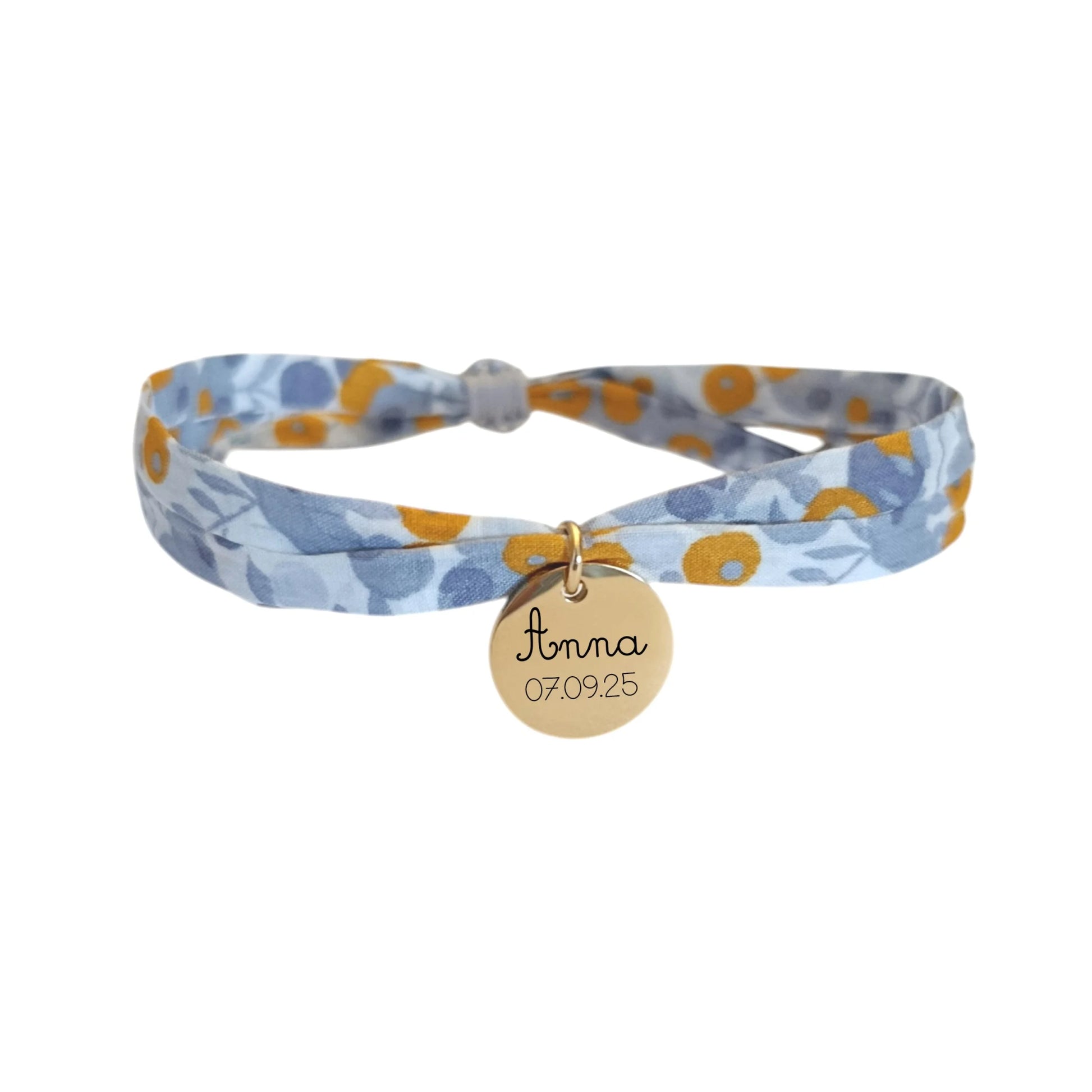 Bracelet liberty personnalisé cordon Wiltshire gris jaune moutarde avec médaille personnalisée - Nemeti Bijoux