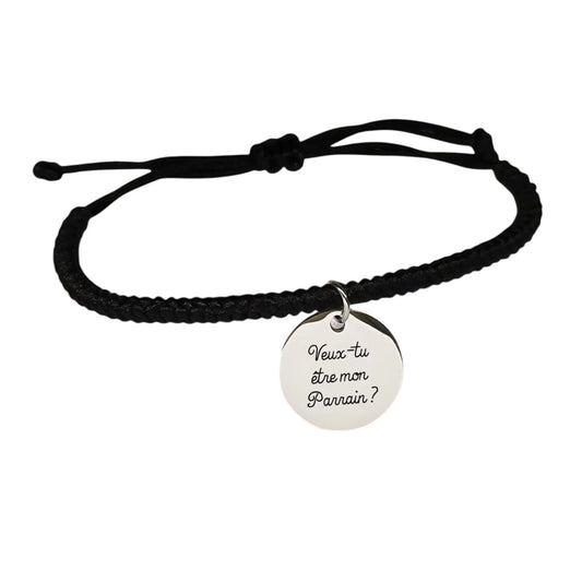 Bracelet personnalisé médaille gravée & cordon tressé noir - Nemeti Bijoux