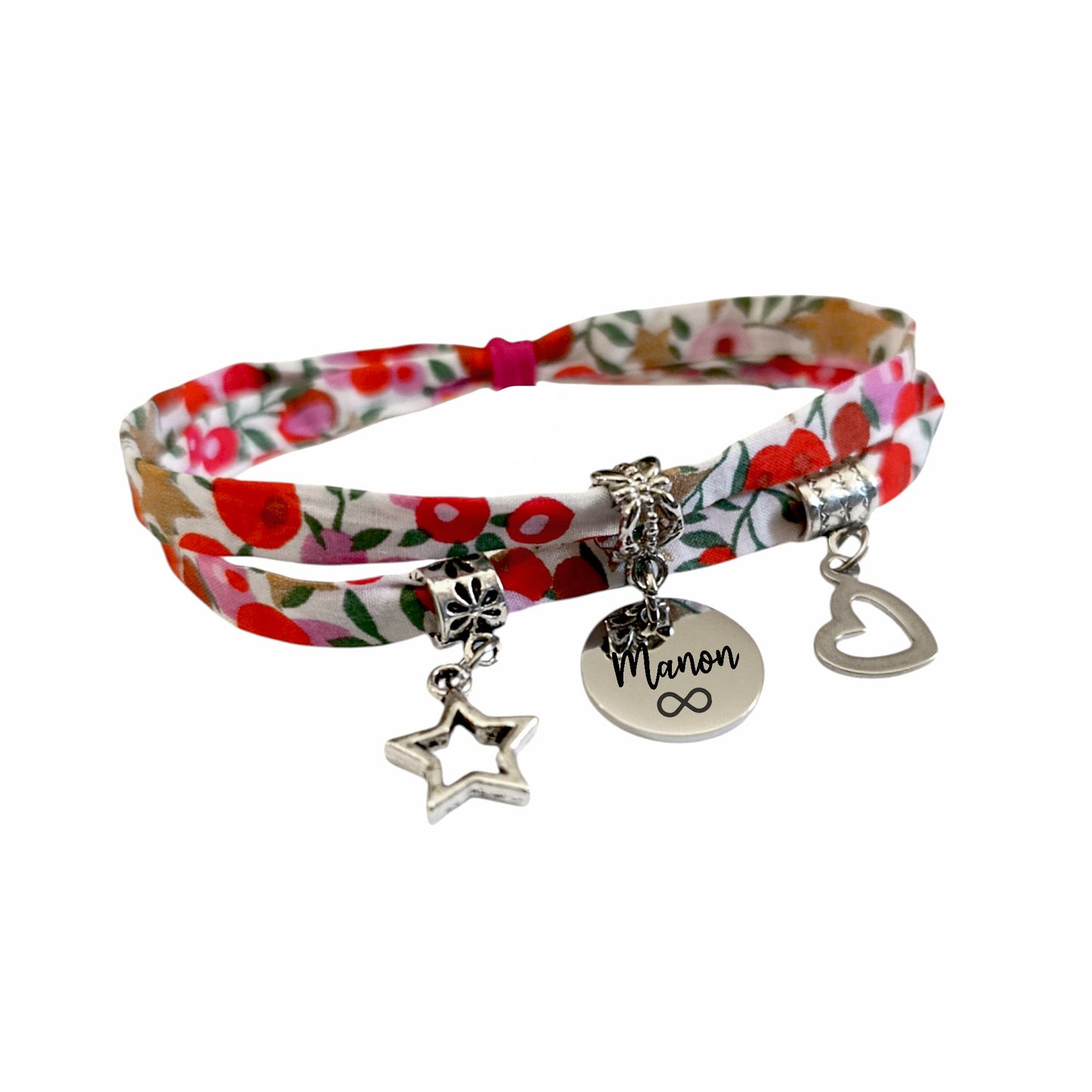 Bracelet Liberty Personnalisé avec 1 à 4 Médailles gravées + 2 Breloques - Tissu wiltshire rouge stars - Nemeti Bijoux