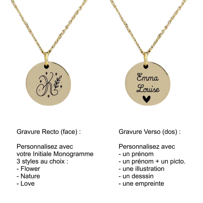 Collier initiale en acier inoxydable monogramme personnalisé gravure laser Nemeti Bijoux
