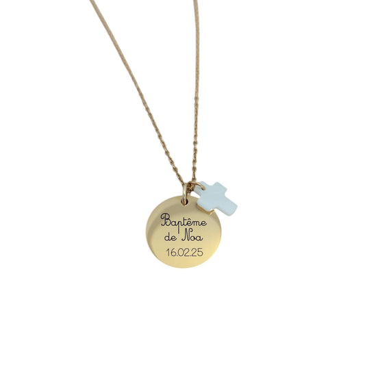 Collier personnalisé avec médaille gravée 20mm et croix en nacre - Nemeti Bijoux