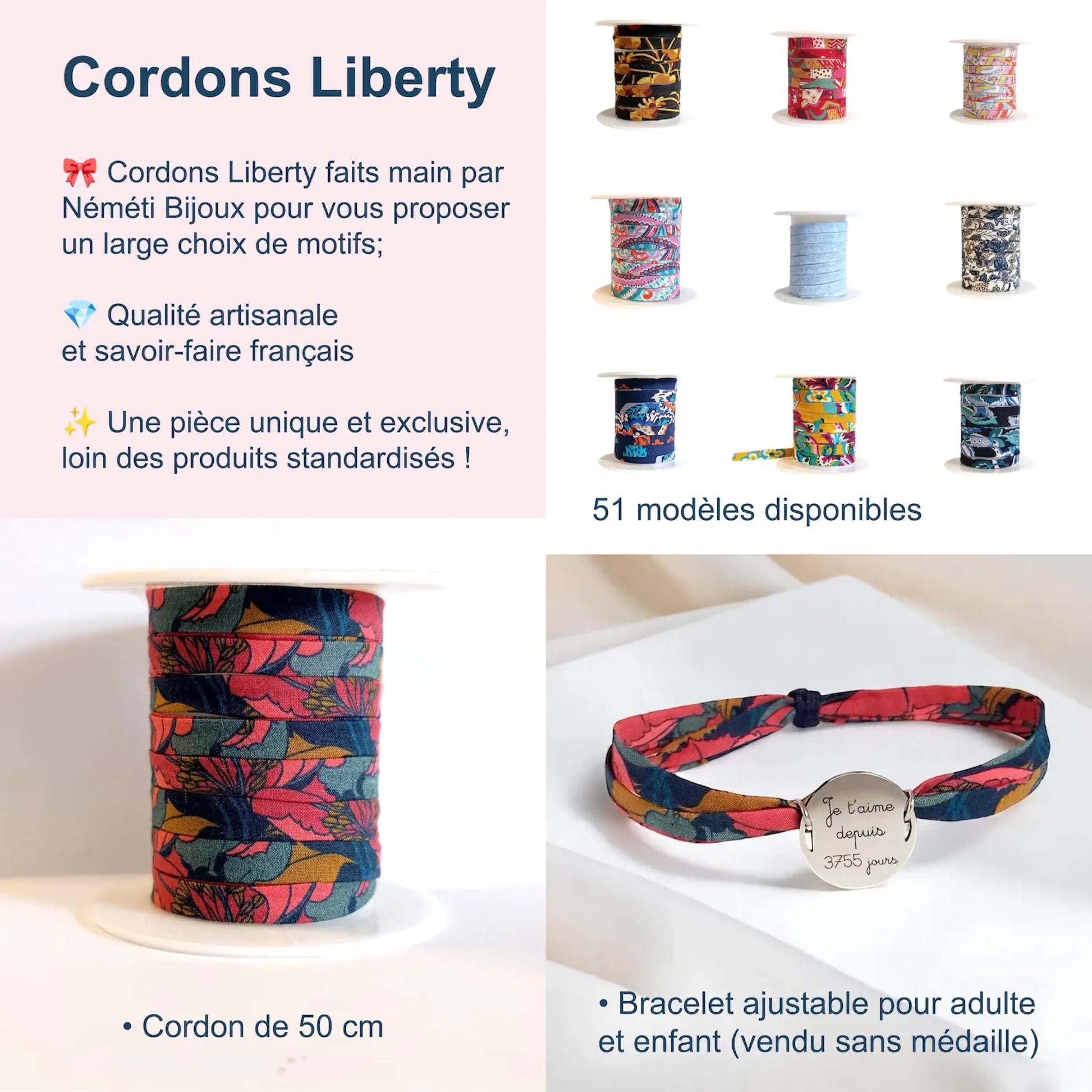 Cordon ou bracelet de rechange Liberty of London spaghetti coton 50 cm - Nemeti Bijoux