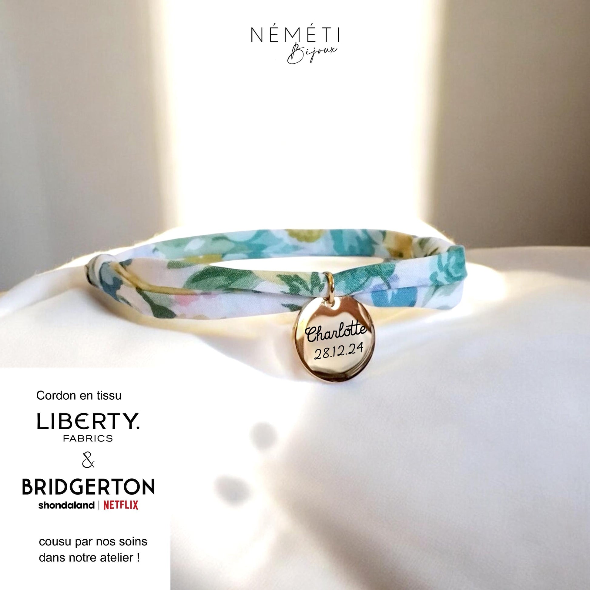 Bracelet liberty personnalisé cordon Bridgerton Bouquet P. - Nemeti Bijoux