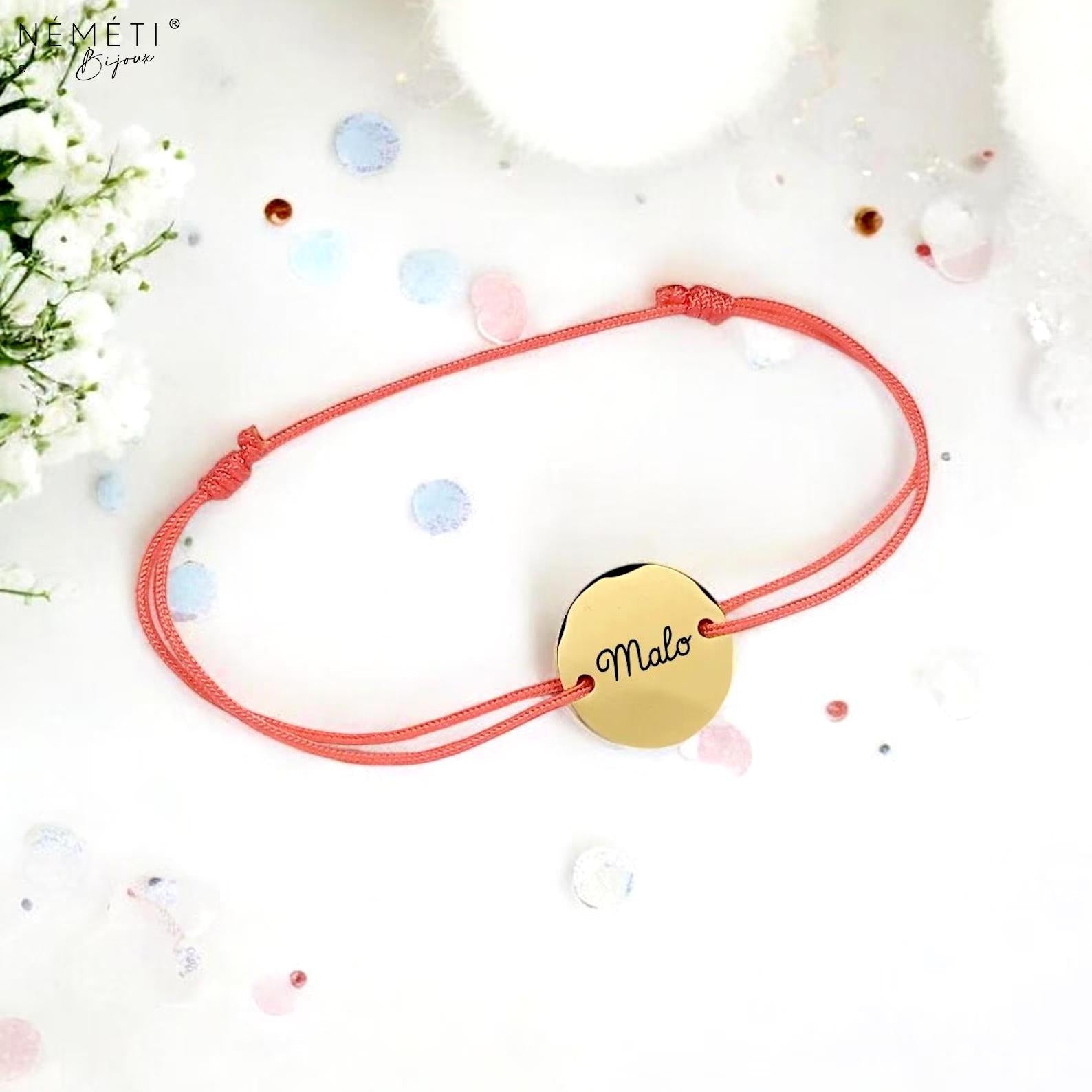 Bracelet personnalisé cordon tressé et médaille 15mm pastille - Nemeti Bijoux