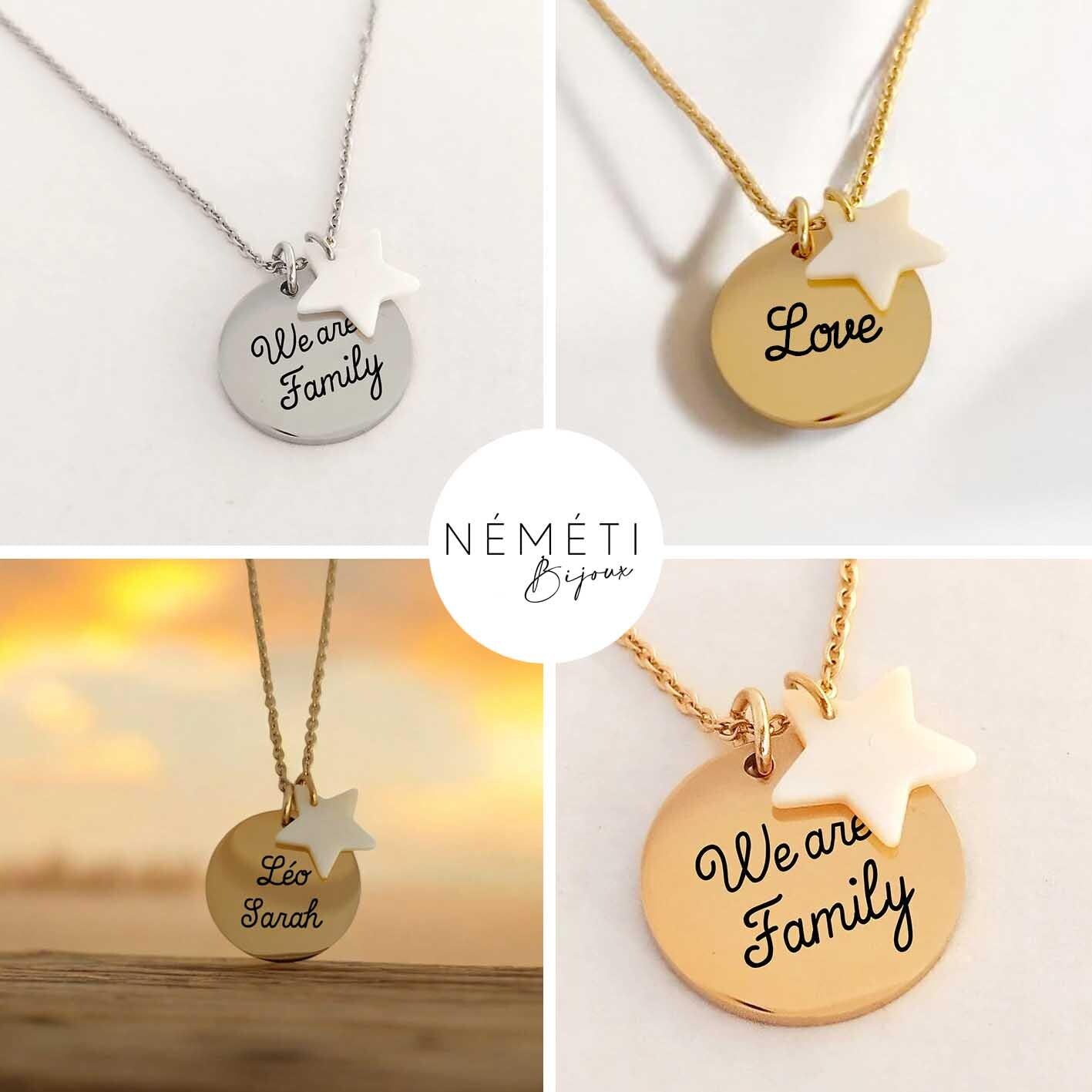 Collier personnalisé avec médaille gravée 20mm et étoile en nacre - Nemeti Bijoux