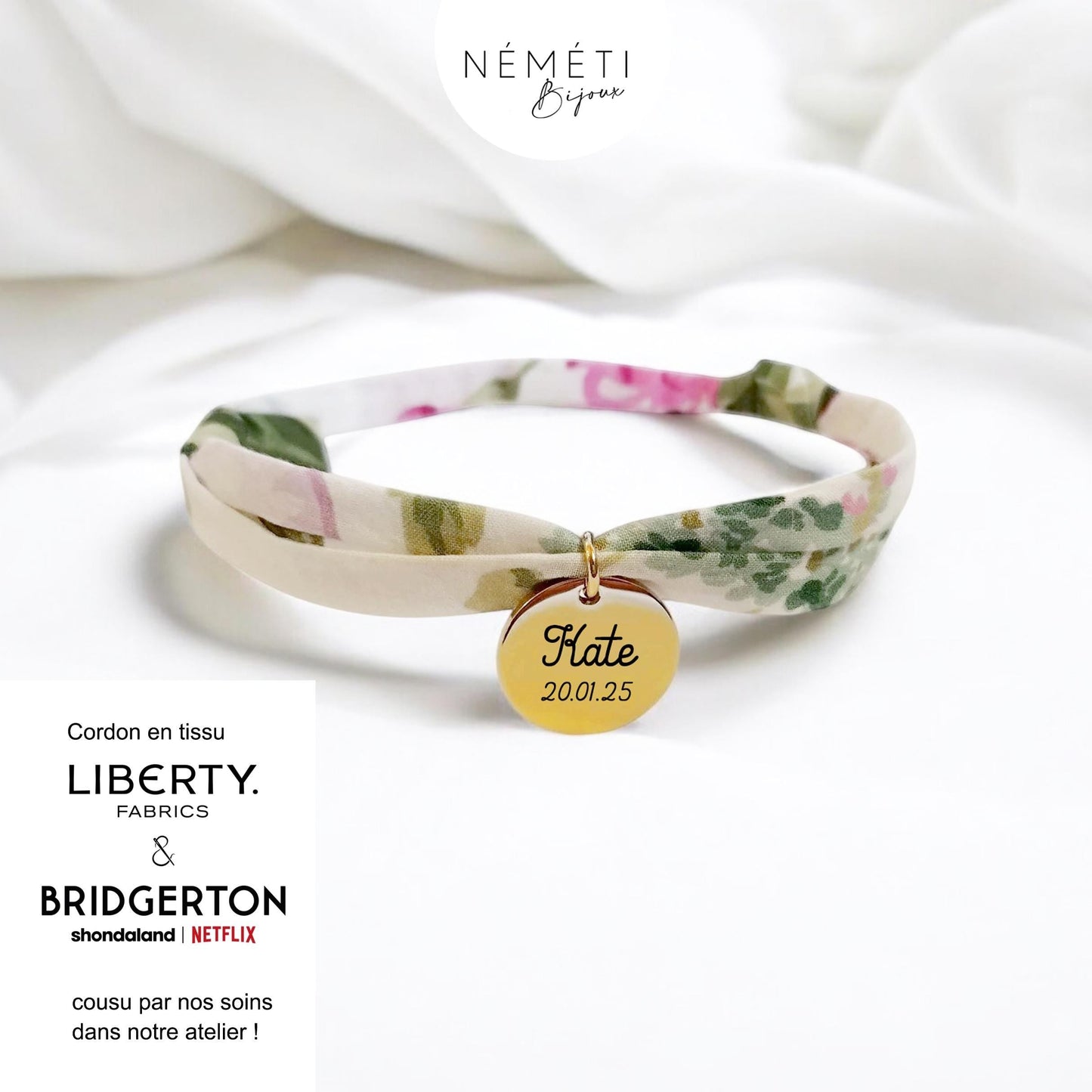Bracelet liberty personnalisé cordon Bridgerton Bow Bouquet Regency - Nemeti Bijoux