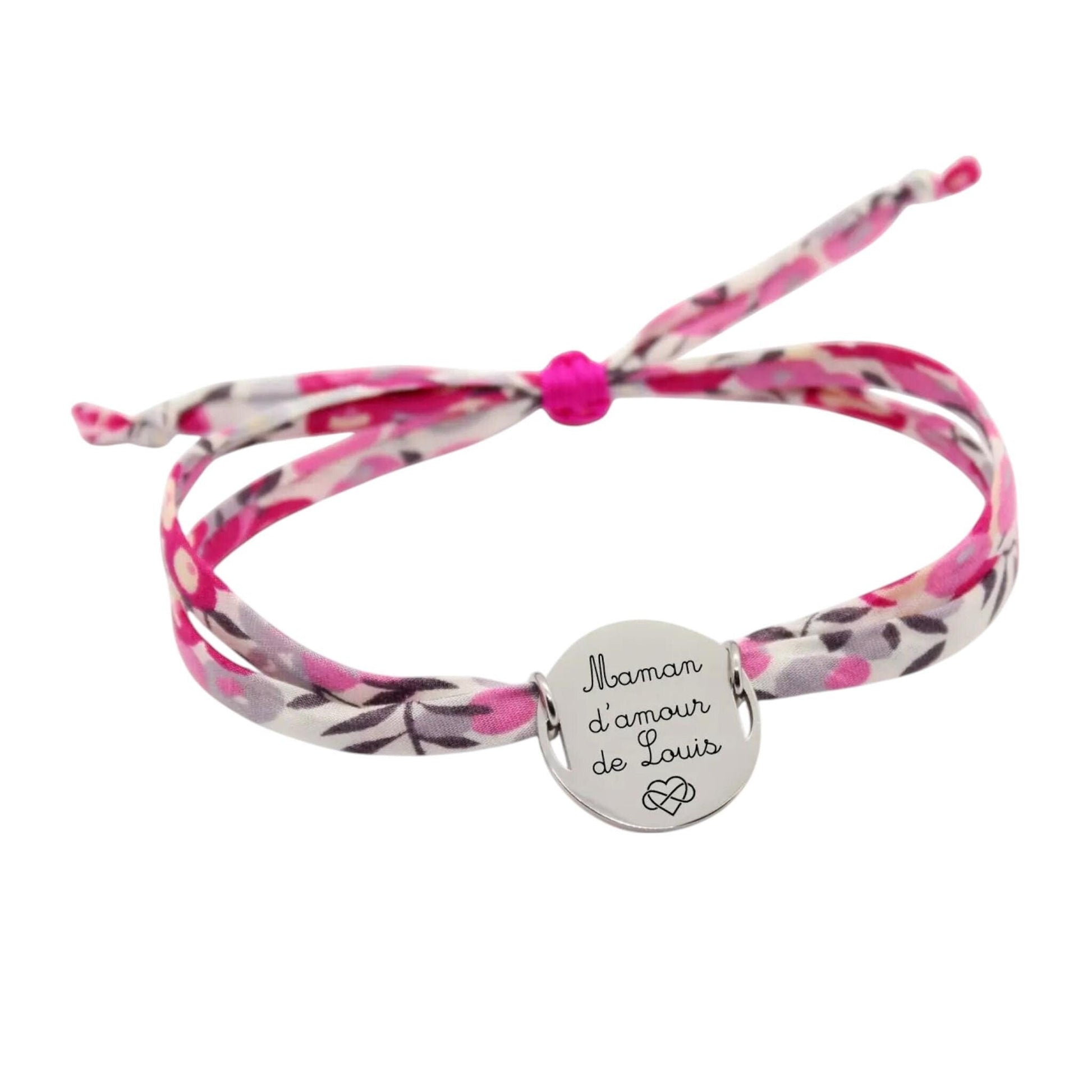 Bracelet liberty personnalisé cordon wiltshire bougainville rose gris - Nemeti Bijoux