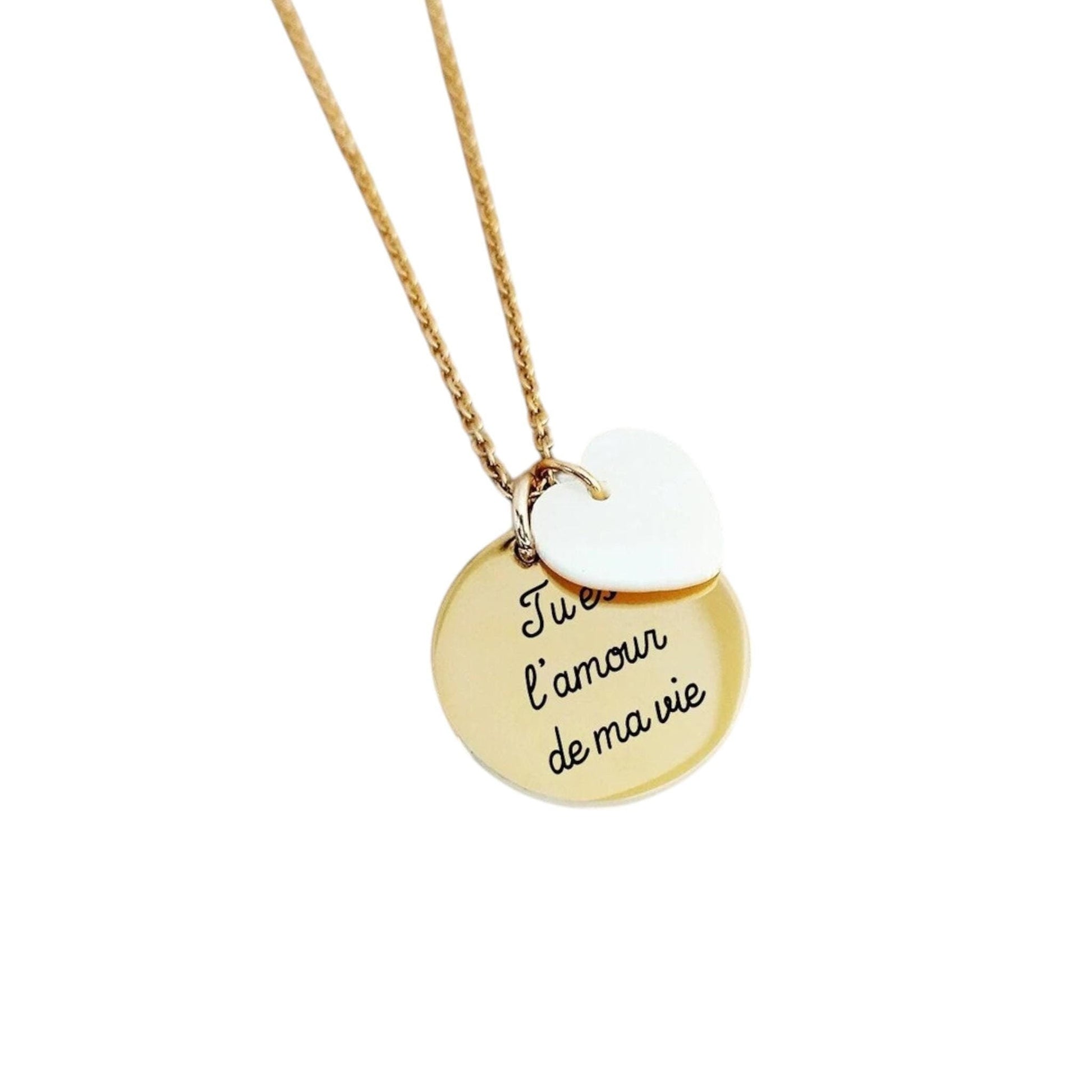 Collier personnalisé avec médaille gravée 20mm et coeur en nacre - Nemeti Bijoux