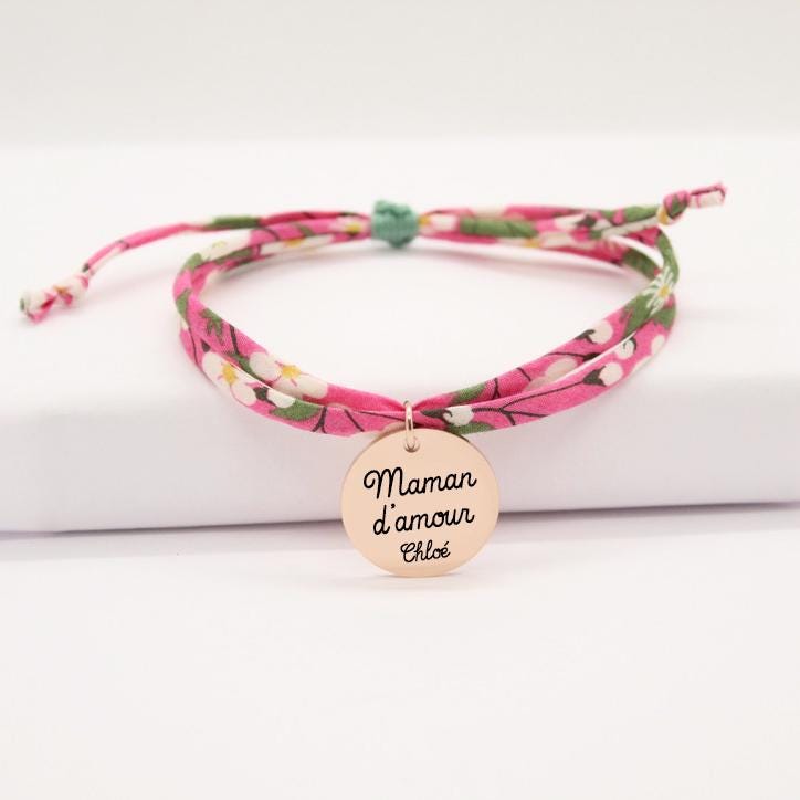 Bracelet liberty personnalisé cordon Mitsi Pivoine rose - Nemeti Bijoux