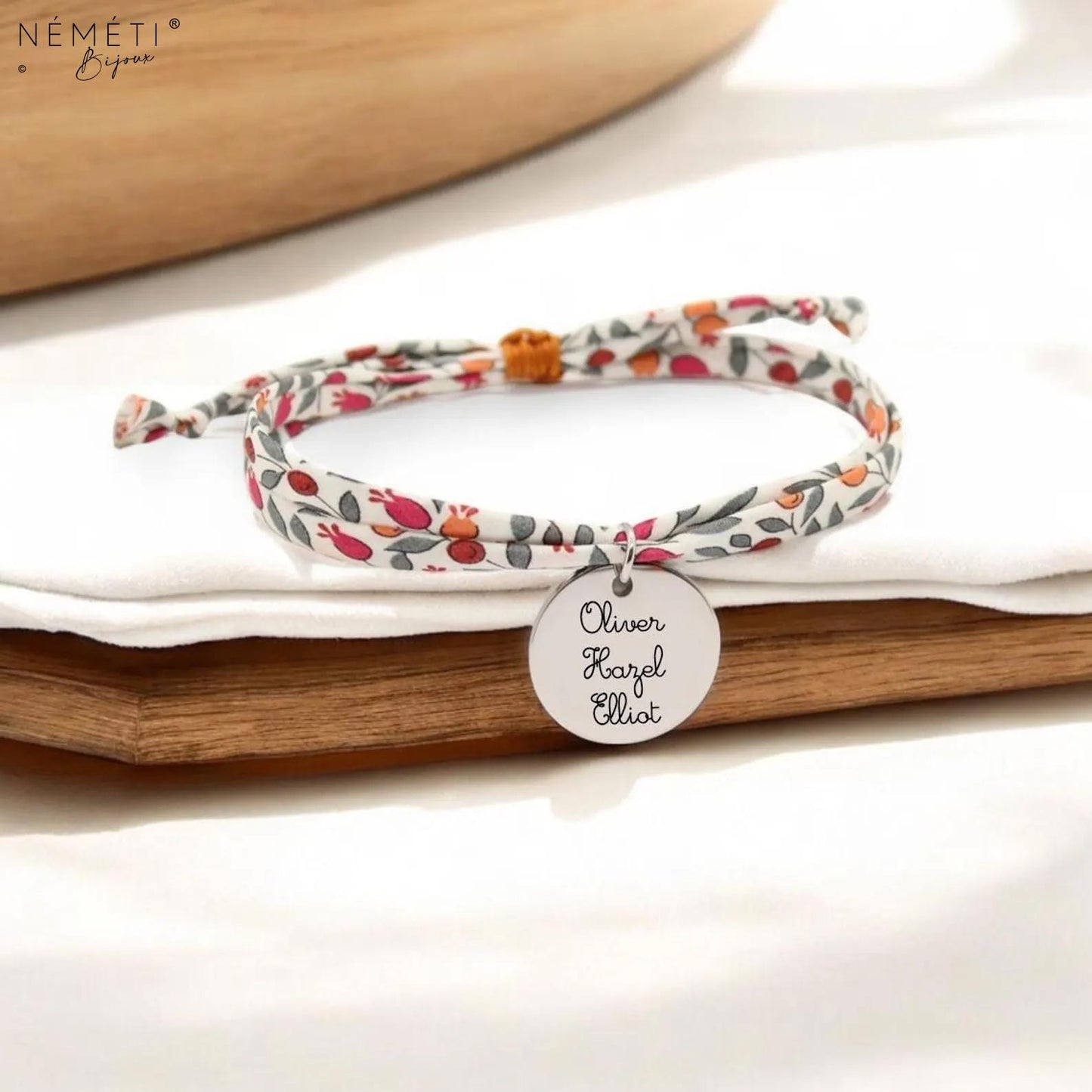 Bracelet liberty personnalisé cordon Floriana tangerine - Nemeti Bijoux